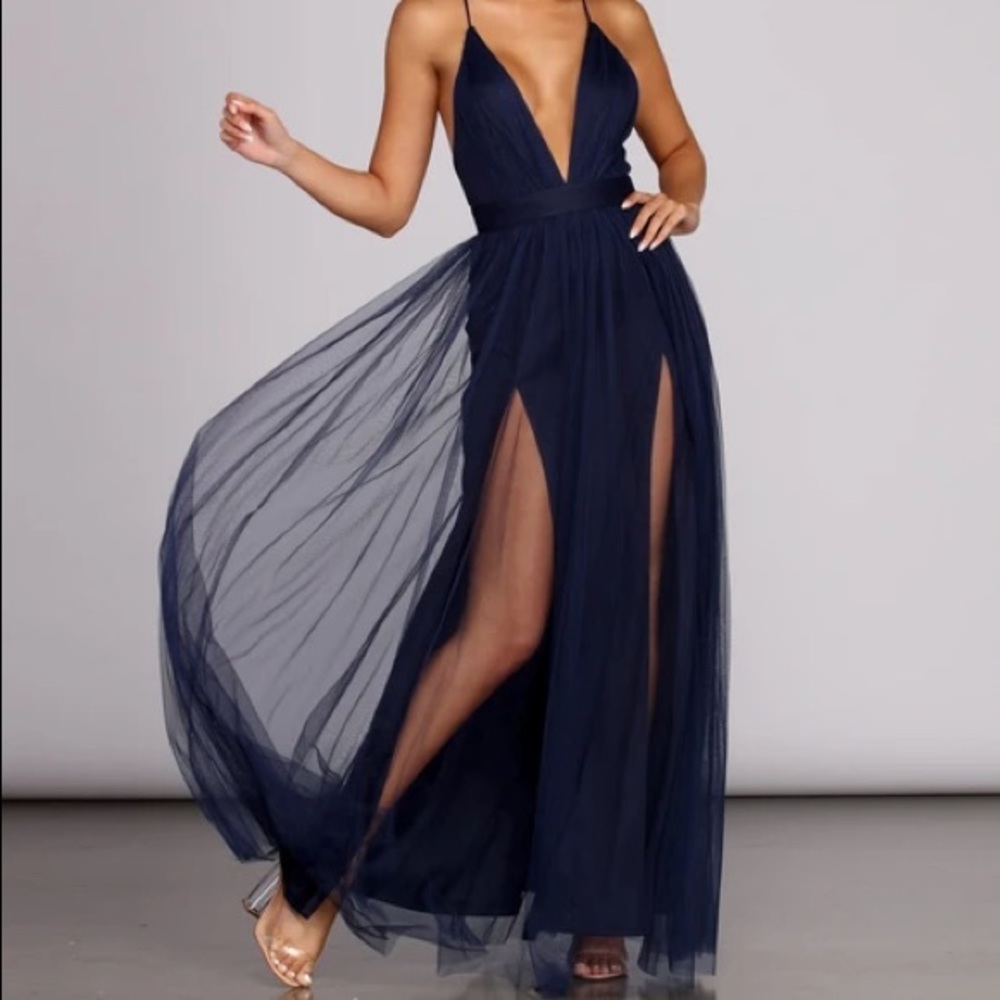 long tulle navy dress